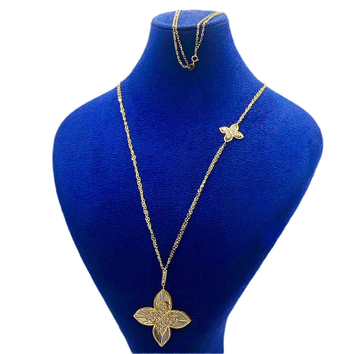 18K Real Gold Dual Chain Roberto 2 Flower Long Chain Necklace - Embellish Gold