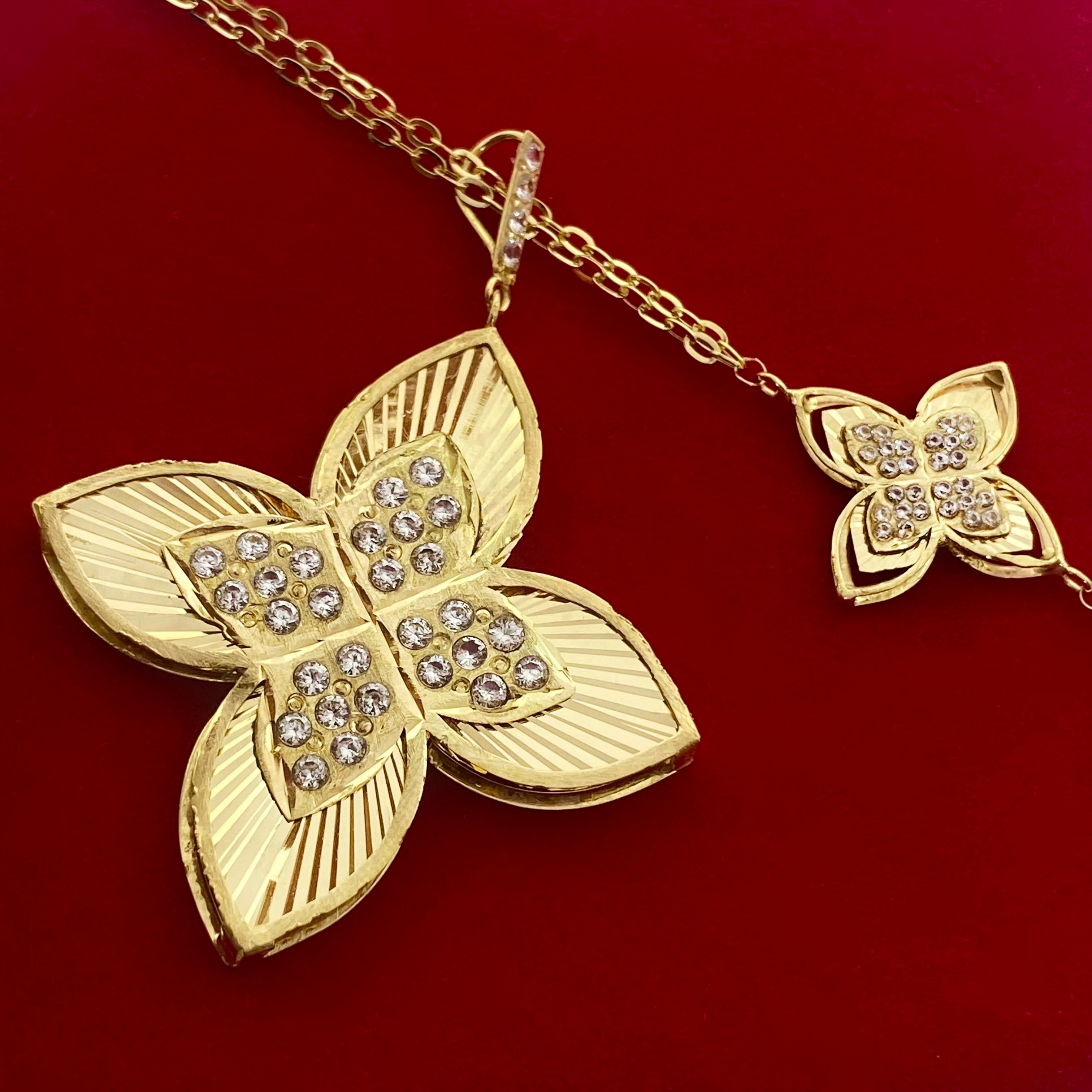 18K Real Gold Dual Chain Roberto 2 Flower Long Chain Necklace - Embellish Gold