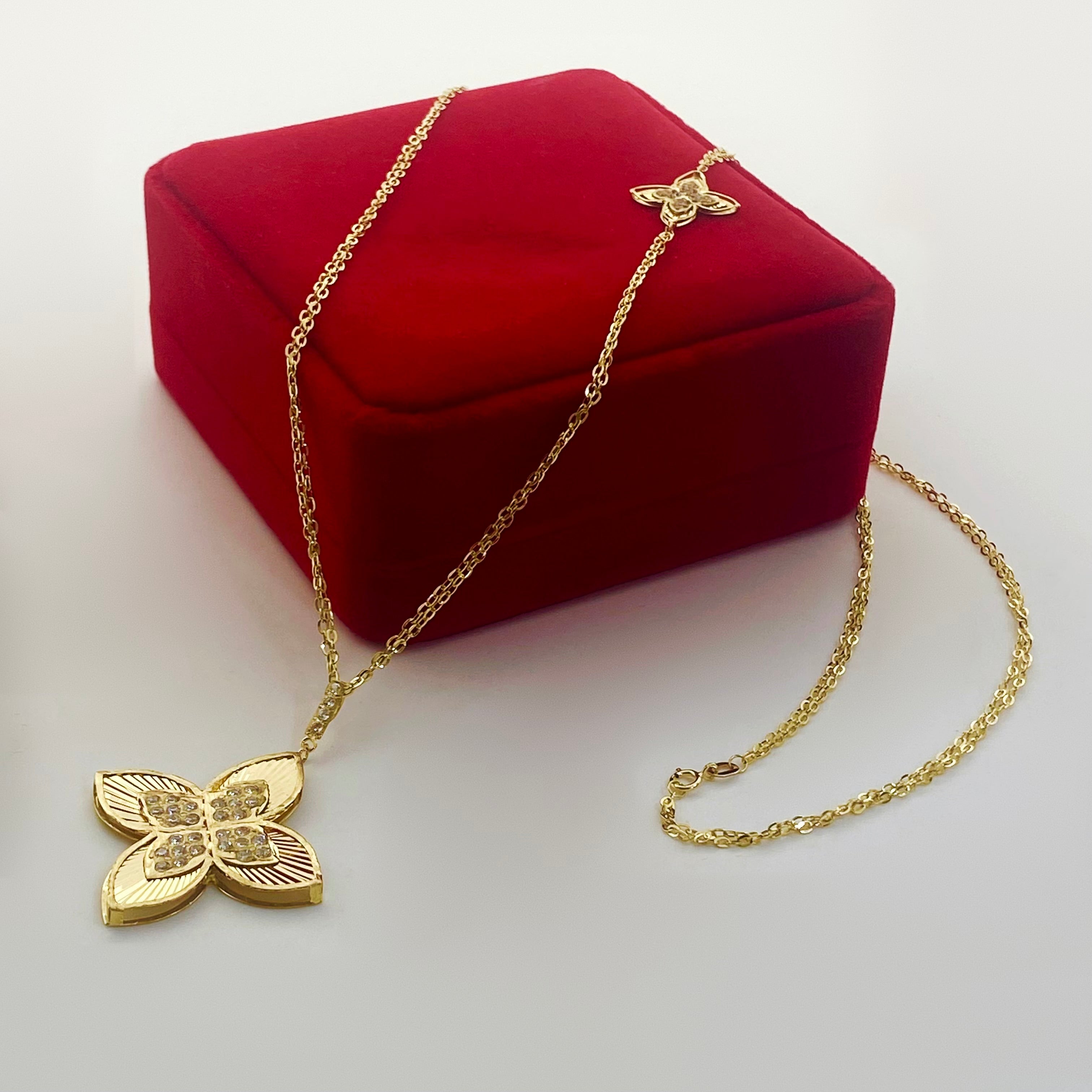 18K Real Gold Dual Chain Roberto 2 Flower Long Chain Necklace - Embellish Gold