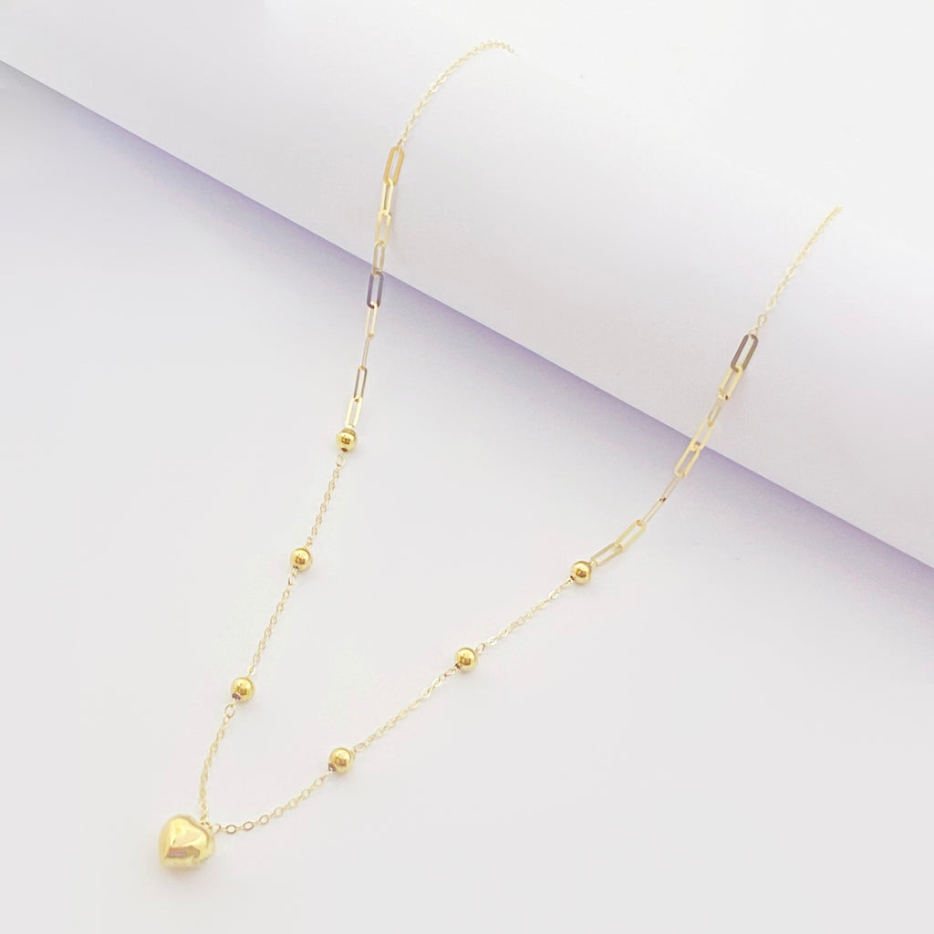 18K Real Gold Heart with Balls & Paper Clip Necklace - Embellish Gold