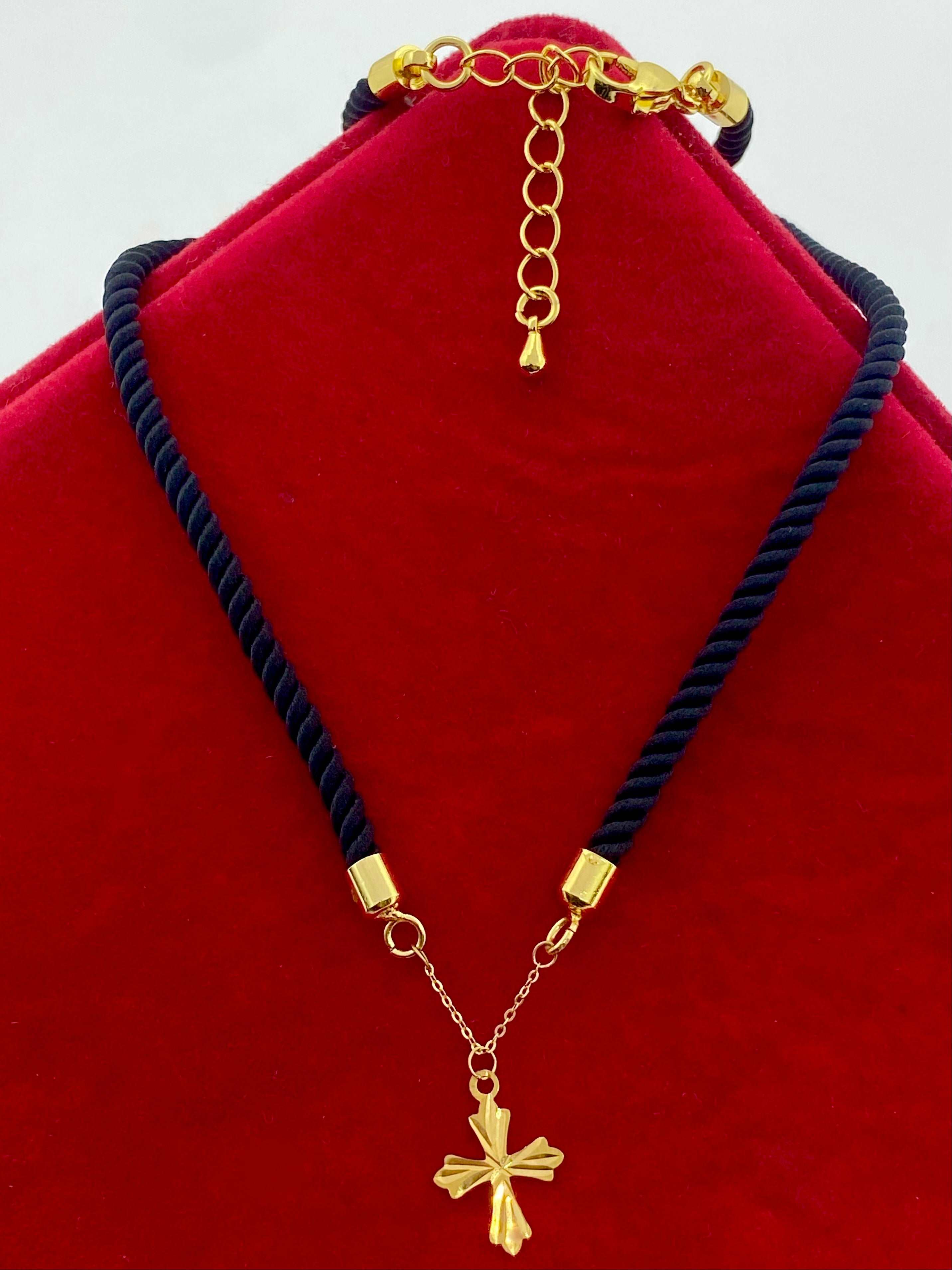18K Gold Cross Pendant With Black Thread Adjustable Necklace - Embellish Gold