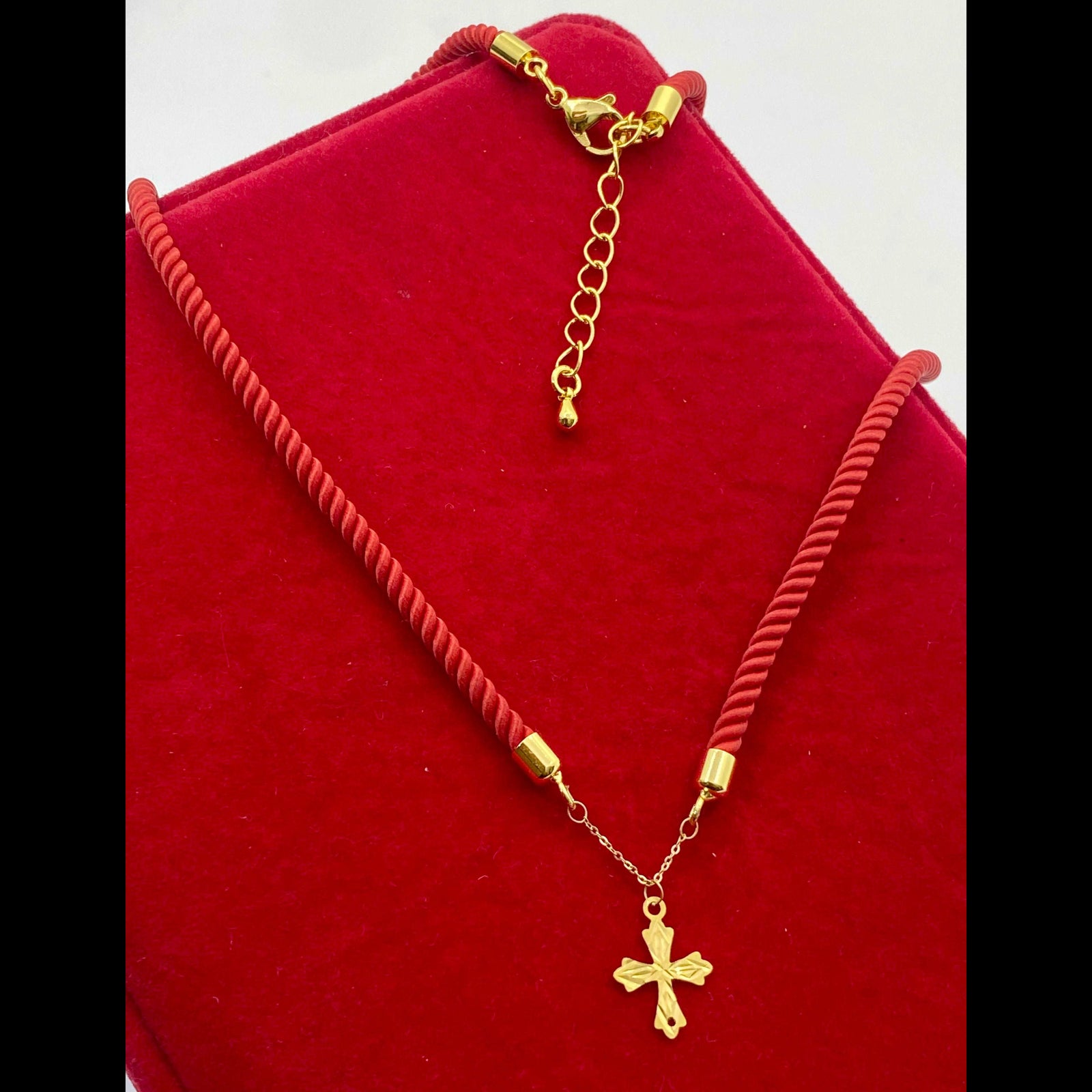 18K Gold Cross Pendant With Red Thread Adjustable Necklace - Necklaces - Embellish Gold