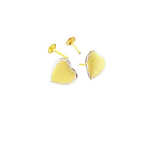 Heart-shaped gold stud earrings with textured pattern on white background
