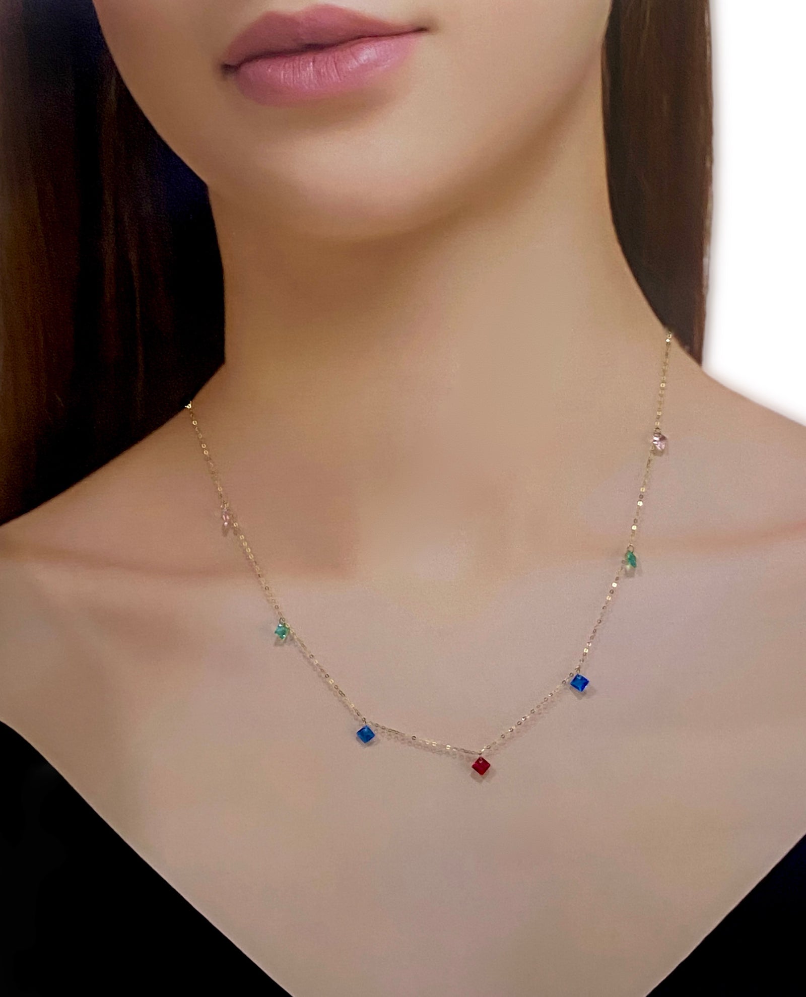 18K Real Gold Multi Color Stone Necklace - 18k Gold Necklace - Embellish Gold