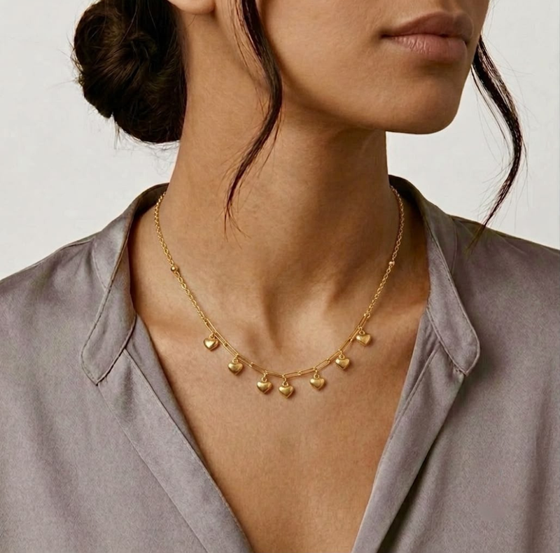 18k Gold 7 Heart Clip Necklace - ad collection - Embellish Gold Jewelry & Diamond