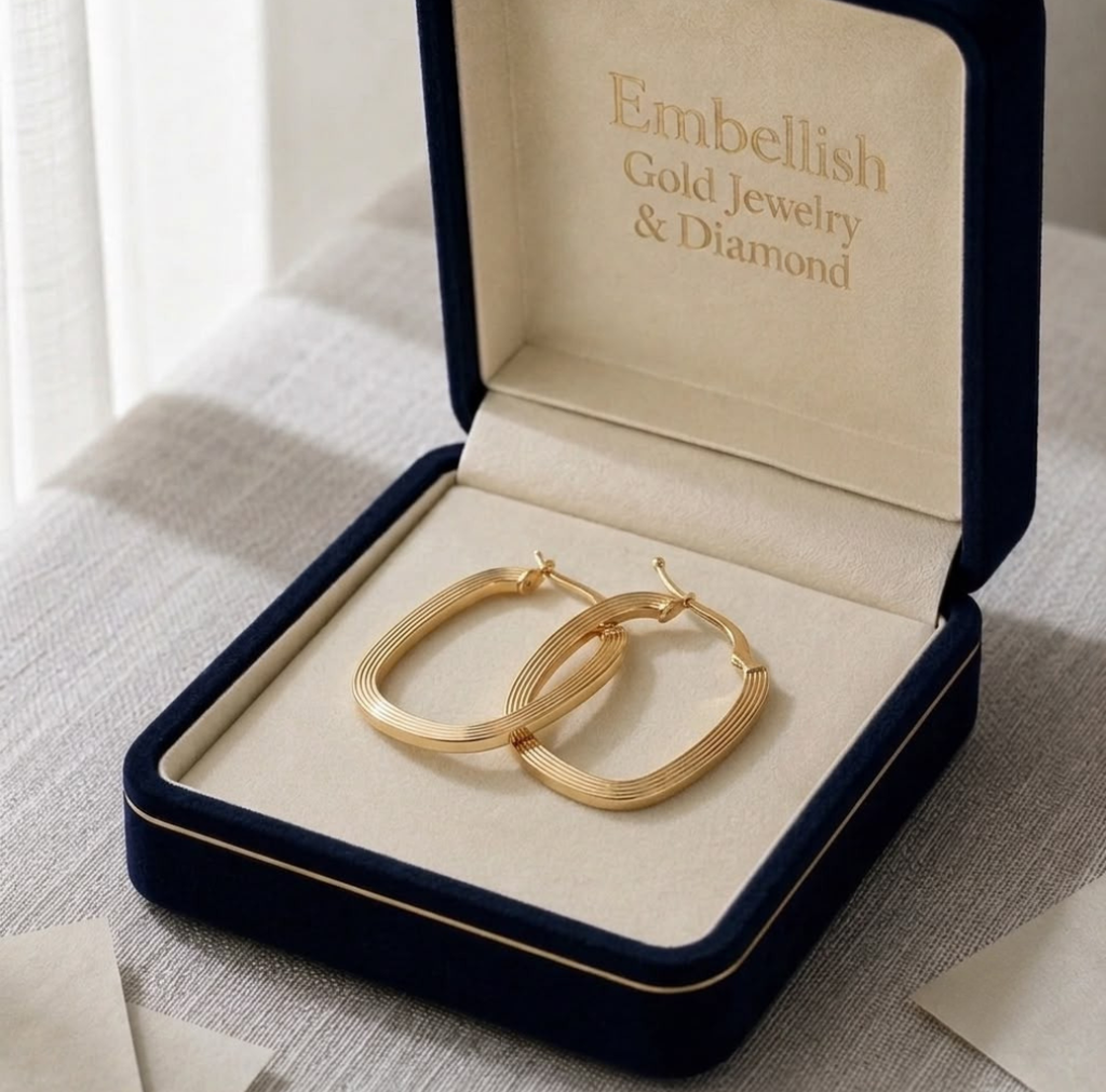 18k Gold Oval Lines Loop Earrings