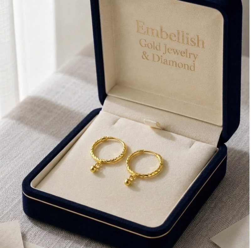 22k Gold Lines with Ball Loop Earrings - Festive Collection - Embellish Gold Jewelry & Diamond