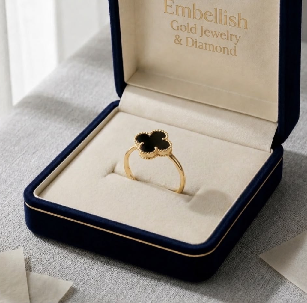 18k Gold Jade Black Clover Ring