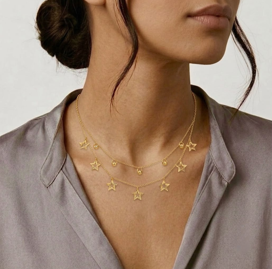 18k Gold 2 Layer Ball Star Necklace