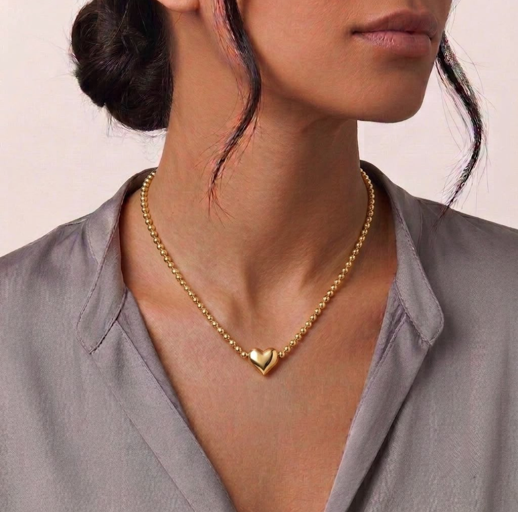 18k Gold Heart Ball Chain Necklace