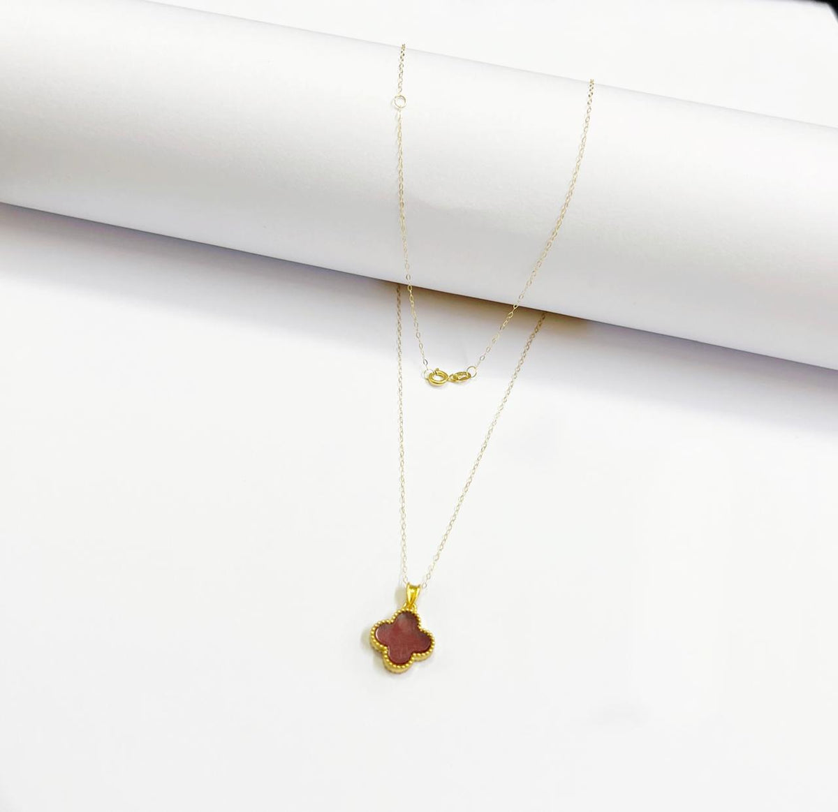 18K Real Gold Red Clover Necklace