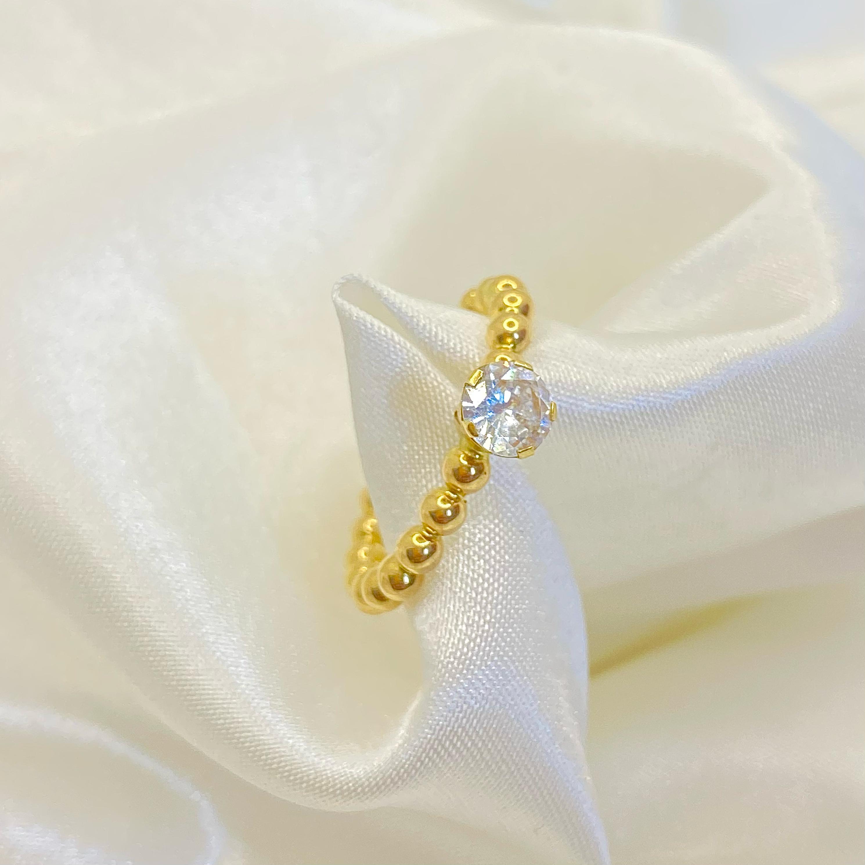 18k Gold Solid Balls with Stone Ring