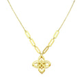 Gold necklace with a floral pendant on a white background