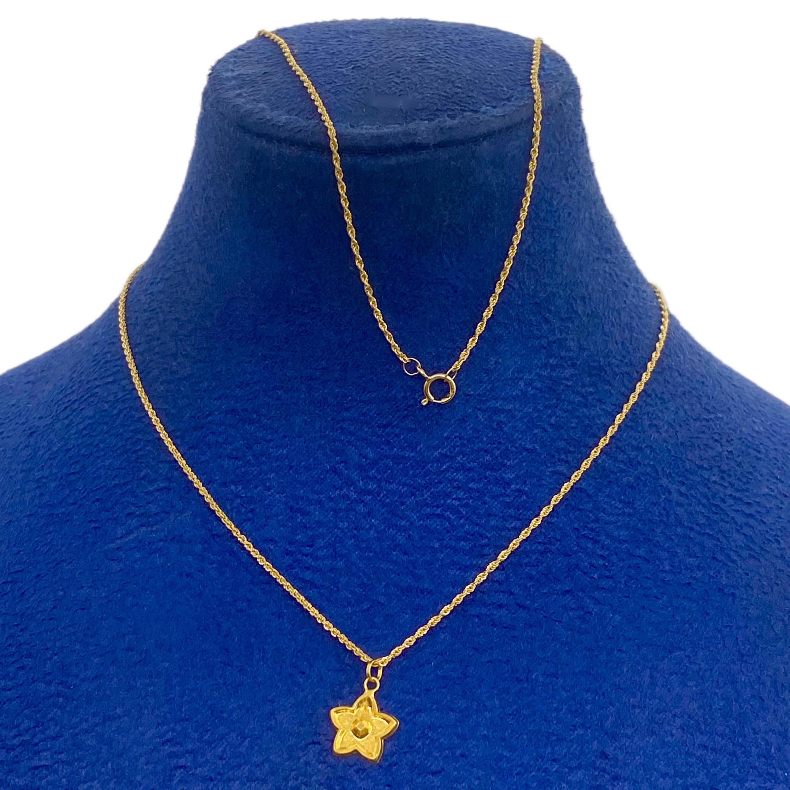 Gold necklace with a star pendant on a blue mannequin