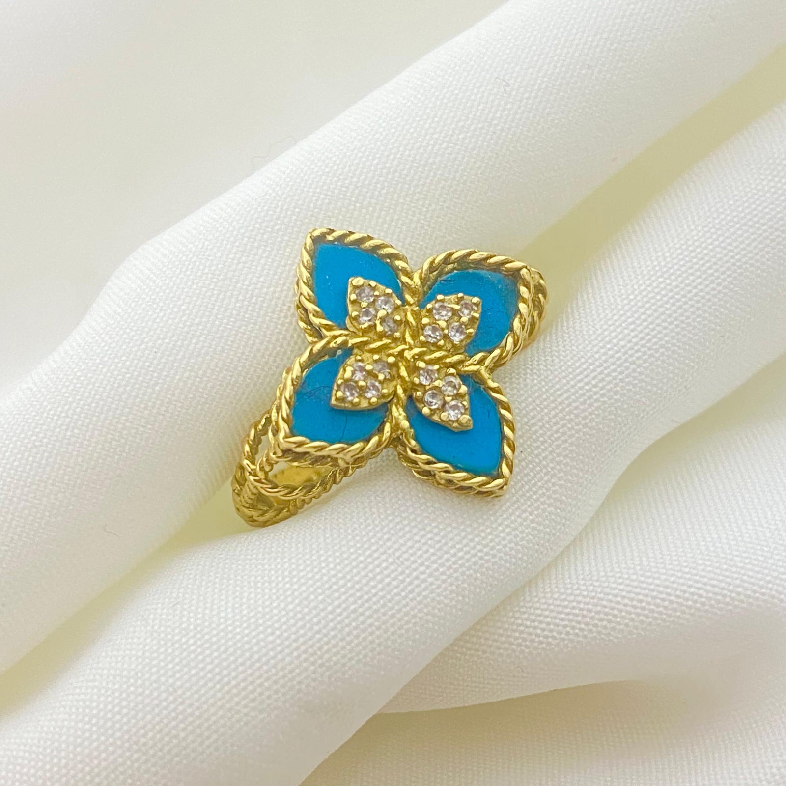 18k Gold Blue Flower Ring - 18k Gold Ring - Embellish Gold