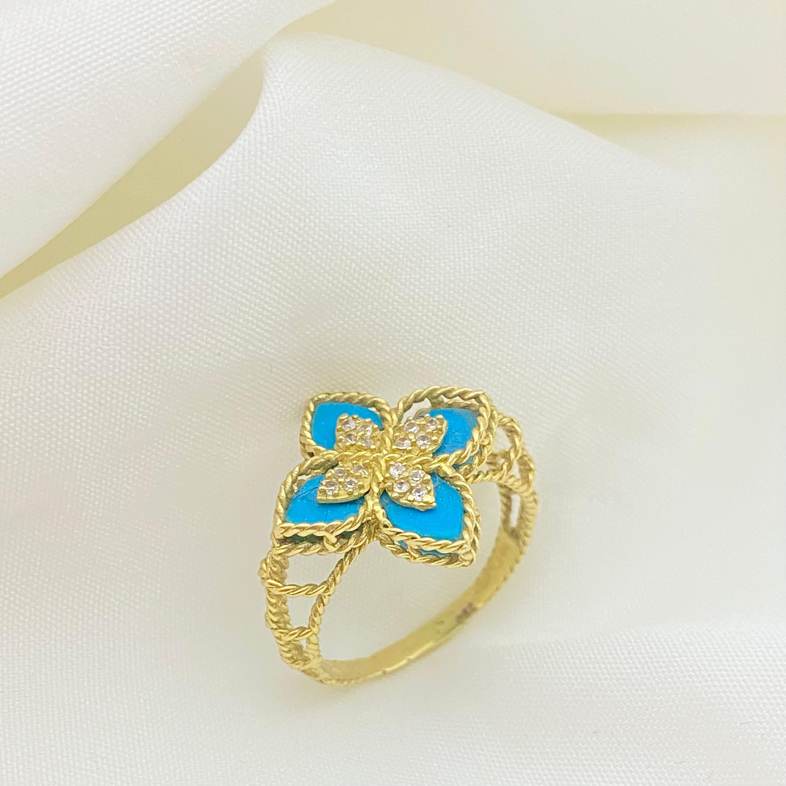 18k Gold Blue Flower Ring