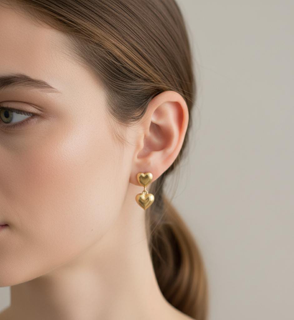 18k Gold Double Heart Dangling Earrings