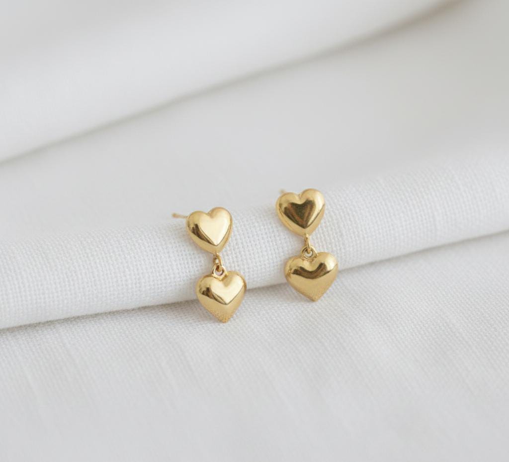 18k Gold Double Heart Dangling Earrings