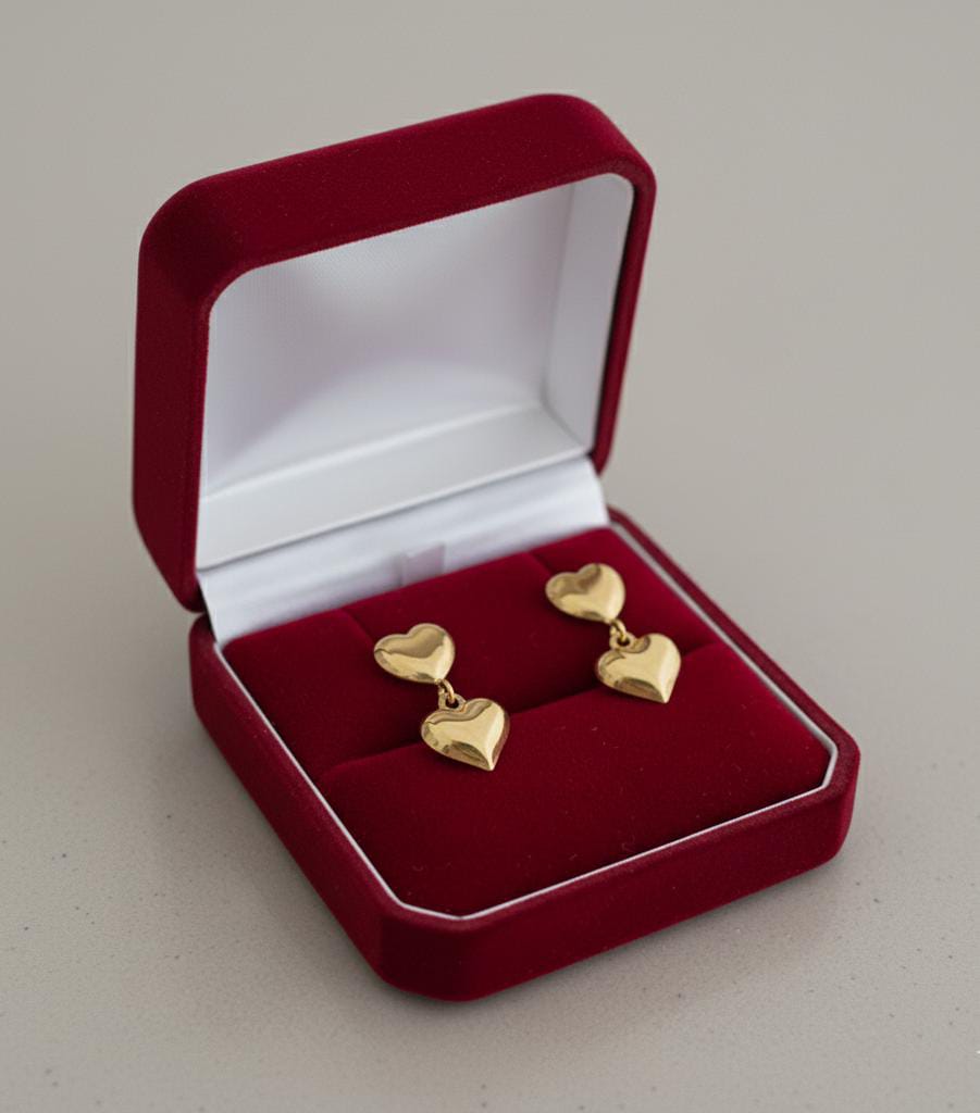 18k Gold Double Heart Dangling Earrings