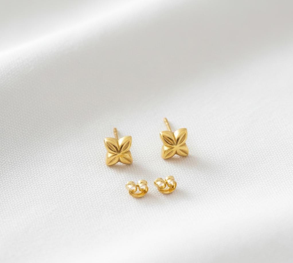 18K Real Gold 4 Petal Earrings