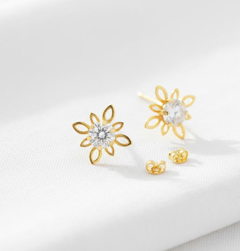 18K Real Gold Square Flower Stone Earrings