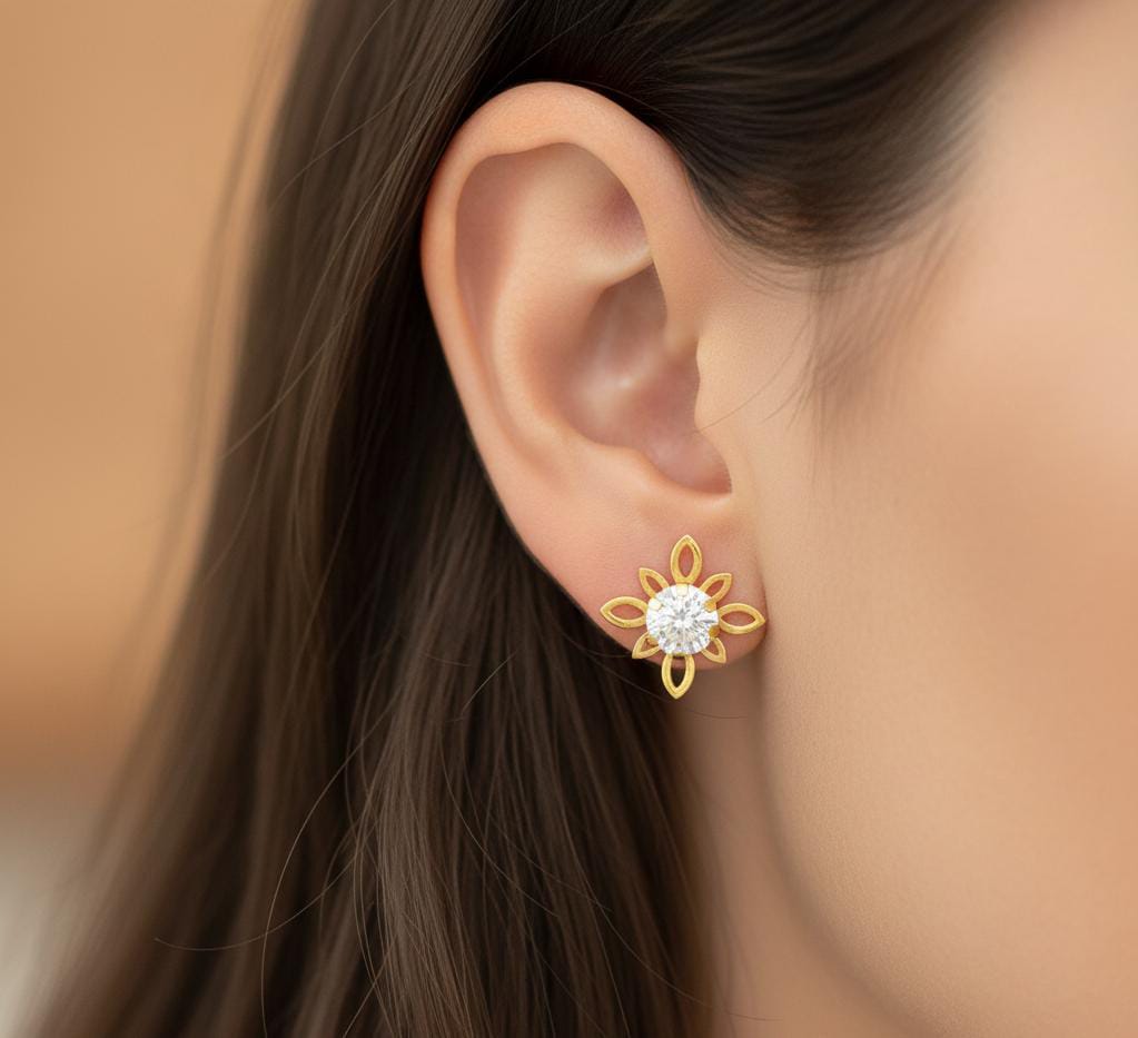 18K Real Gold Square Flower Stone Earrings