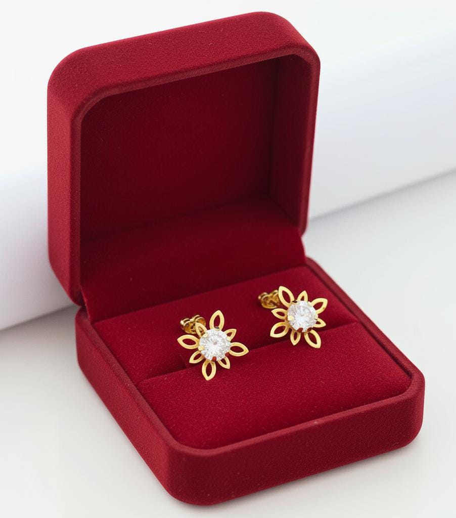18K Real Gold Square Flower Stone Earrings