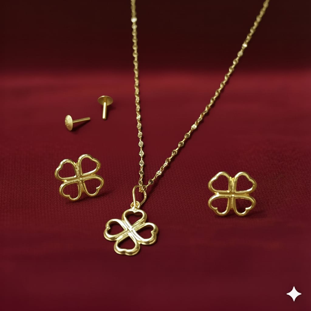 18k Gold 4 Hearts Clove Jewelry Set