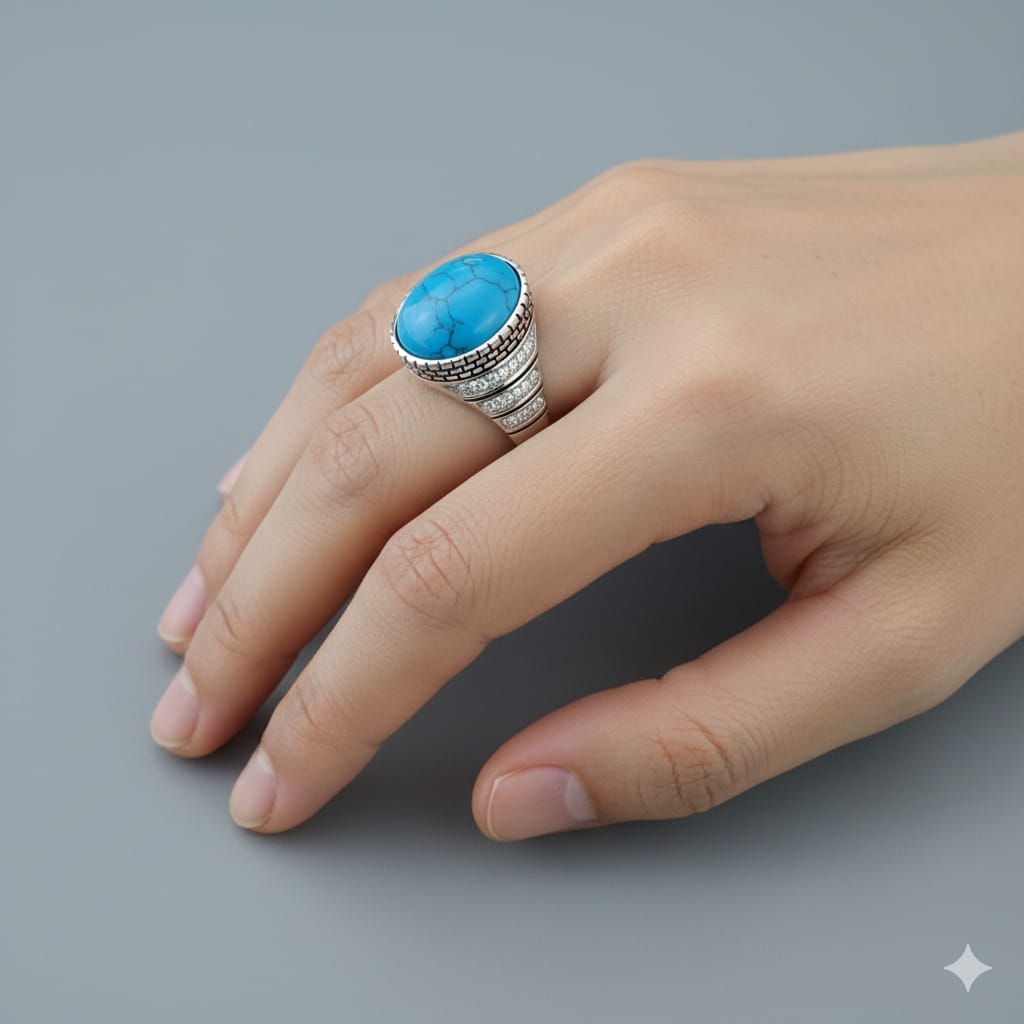 925 Silver Blue Stripe Stone Ring