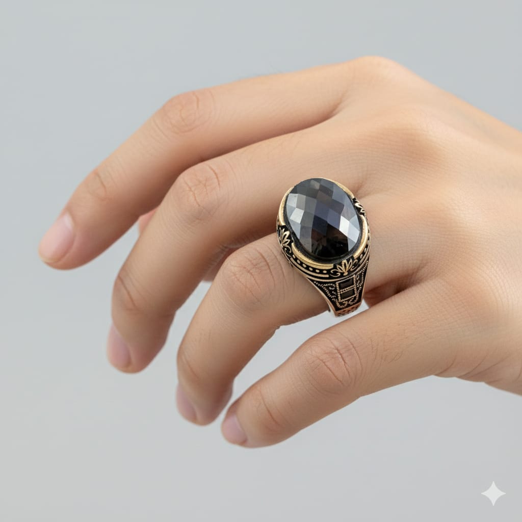 925 Silver Black Cut Stone Ring
