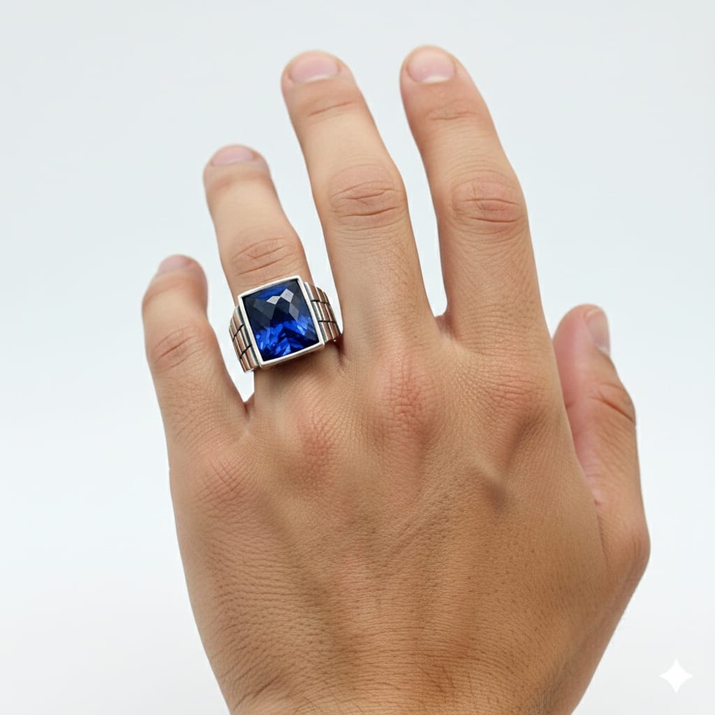 925 Silver Brick Sapphire Stone Ring
