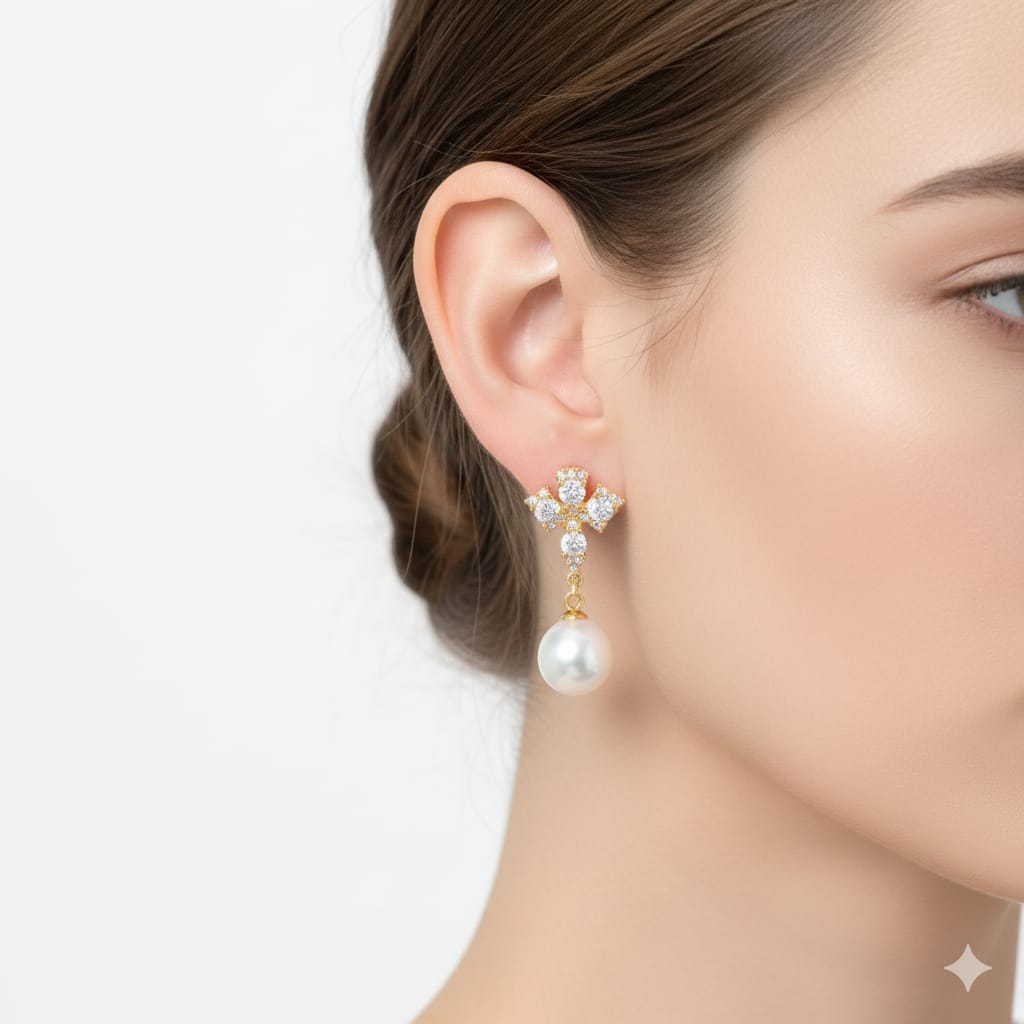 925 Silver Tri Dia Pearl Earrings - 925 Silver Earrings - Embellish Gold Jewelry & Diamond