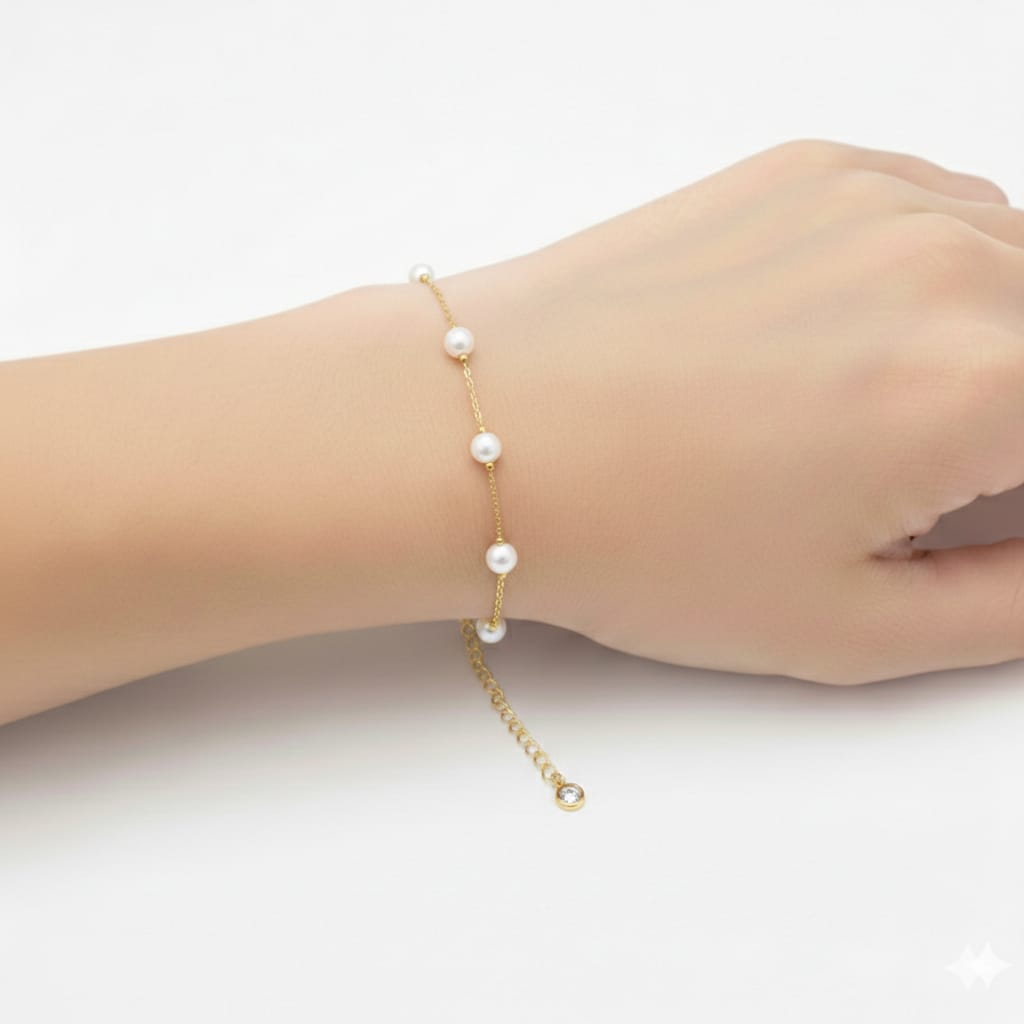18K Real Gold Pearl And Gold Ball Bracelet