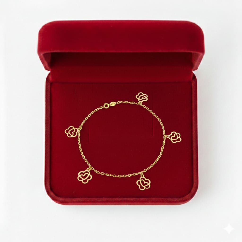 18K Real Gold Heart With 5 Flower Bracelet