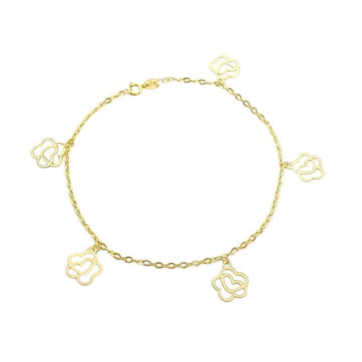18K Real Gold Heart With 5 Flower Bracelet