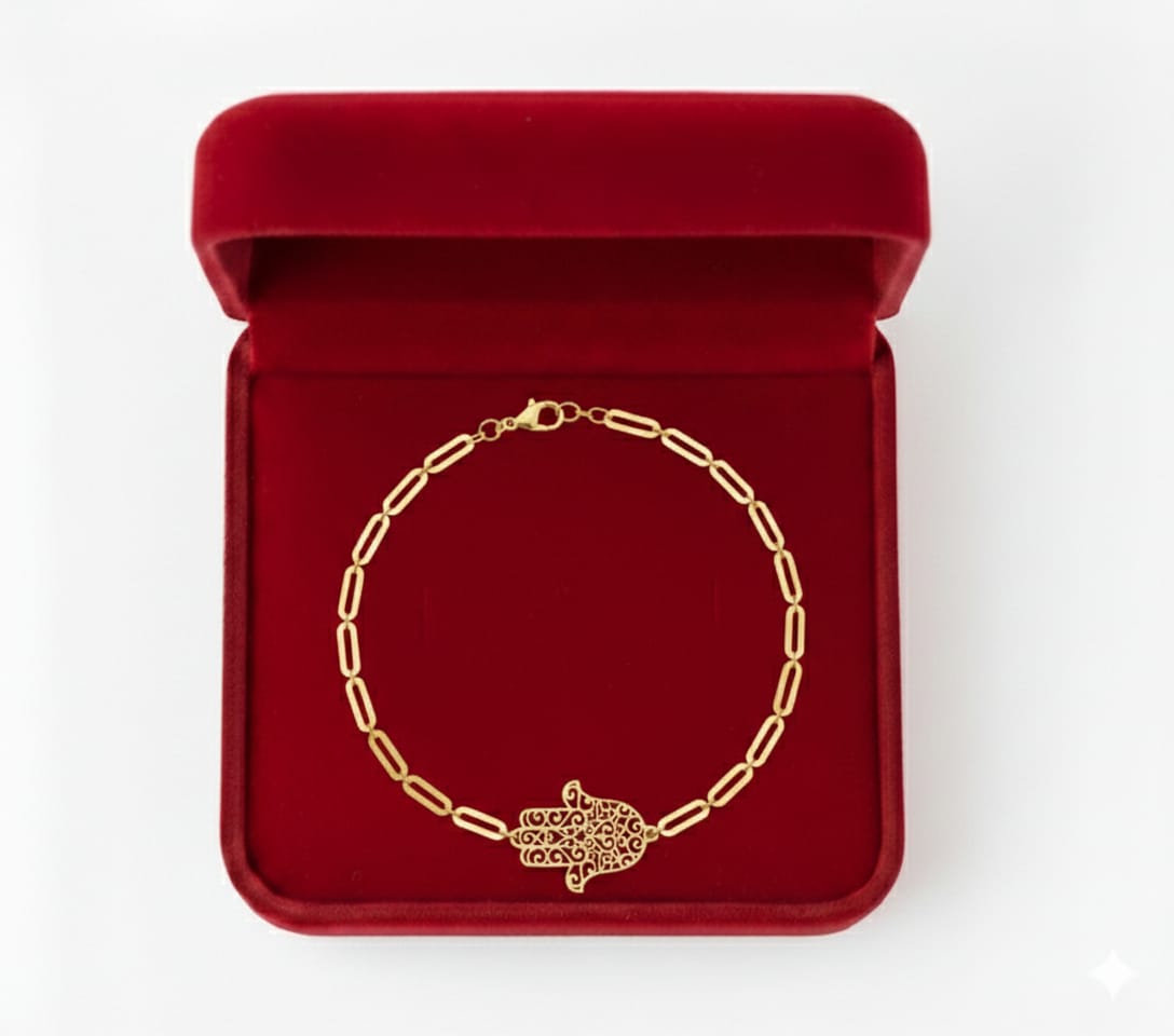 18K Real Gold Hamsa Hand Paper Clip Bracelet