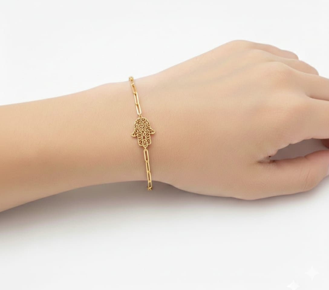 18K Real Gold Hamsa Hand Paper Clip Bracelet