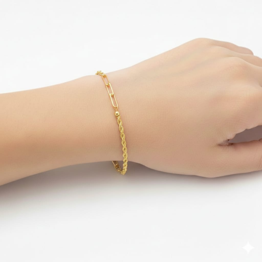 18K Real Gold Paper Clip With Rope Chain Bracelet