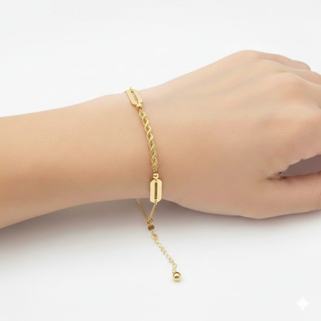 18K Real Gold Paper Clip Rope Chain Bracelet