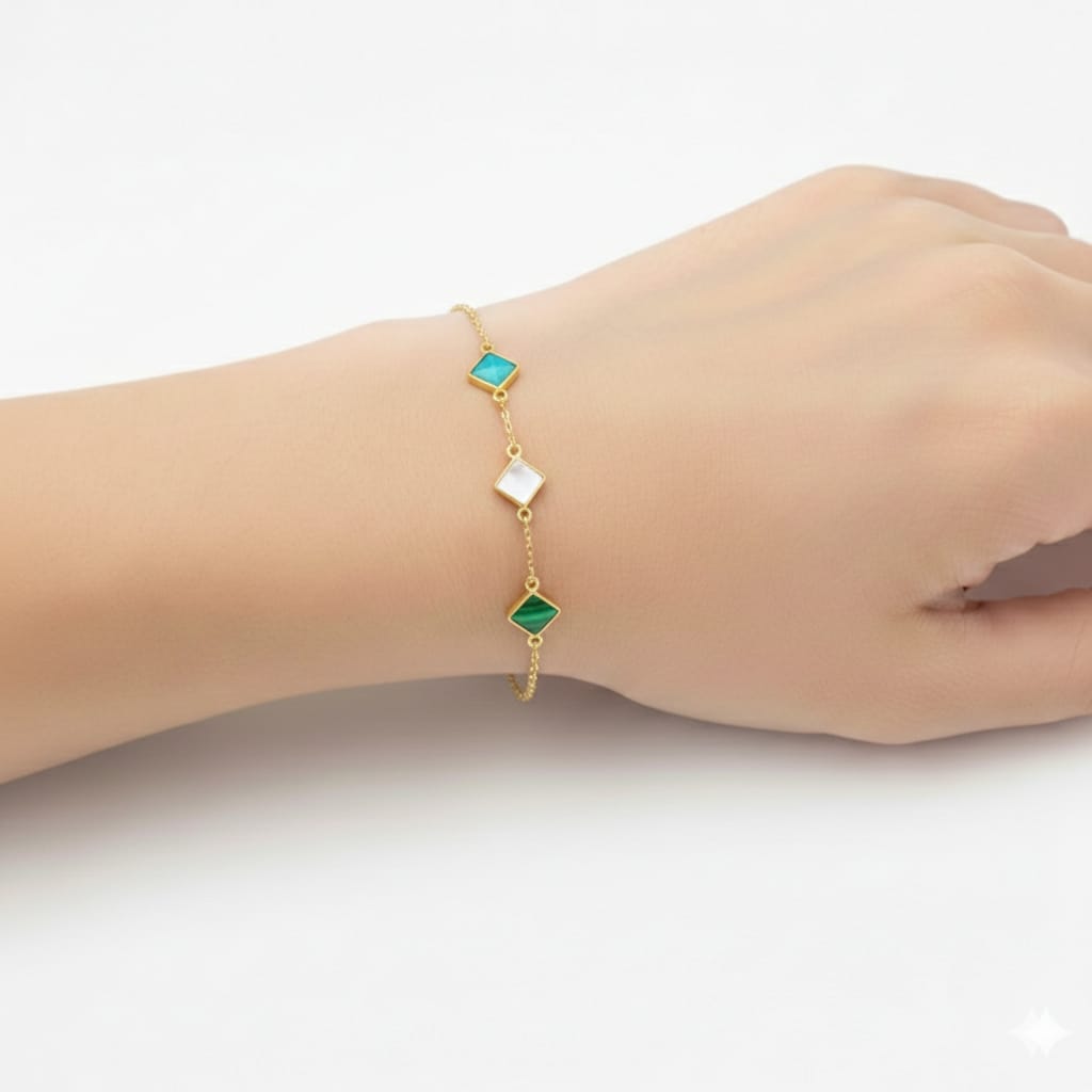 18K Real Gold Pyramid 3 Stone Bracelet