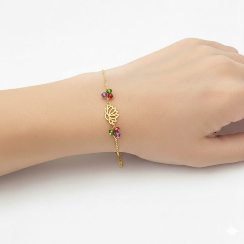 18K Real Gold Lotus Flower With Zircon Stone Bracelet - Gold Bracelets - Embellish Gold