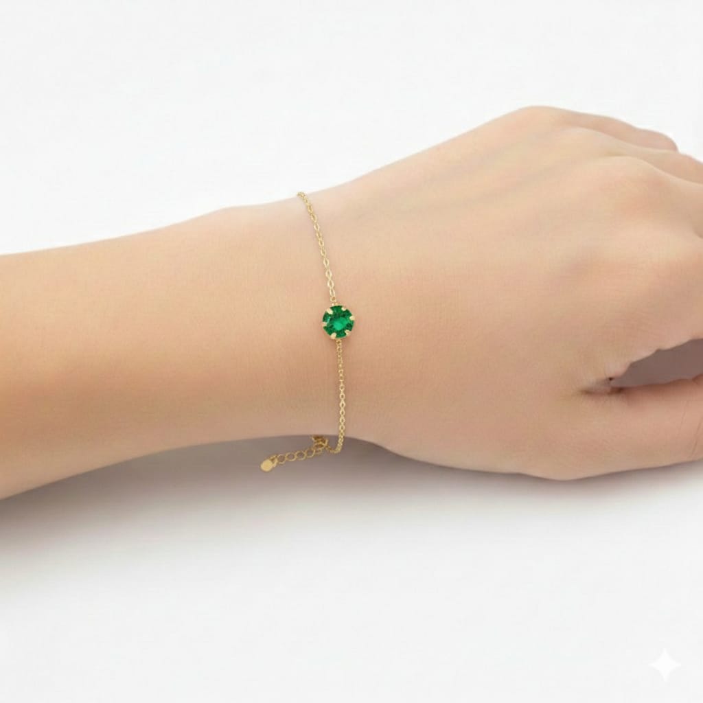 18K Real Gold Single Green Zircon Stone Bracelet