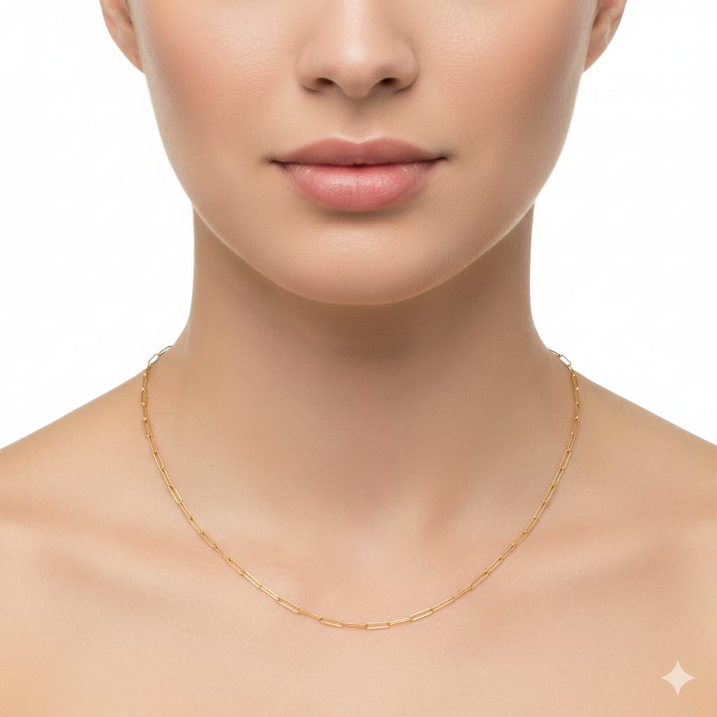 سلسلة مشبك ورق ليزر من الذهب الحقيقي عيار 18 قيراط