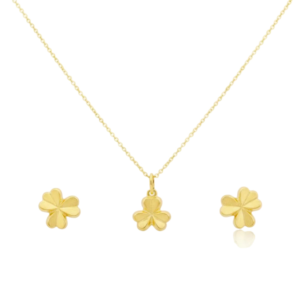 18K Real Gold 3 Petal Necklace And Earring Set