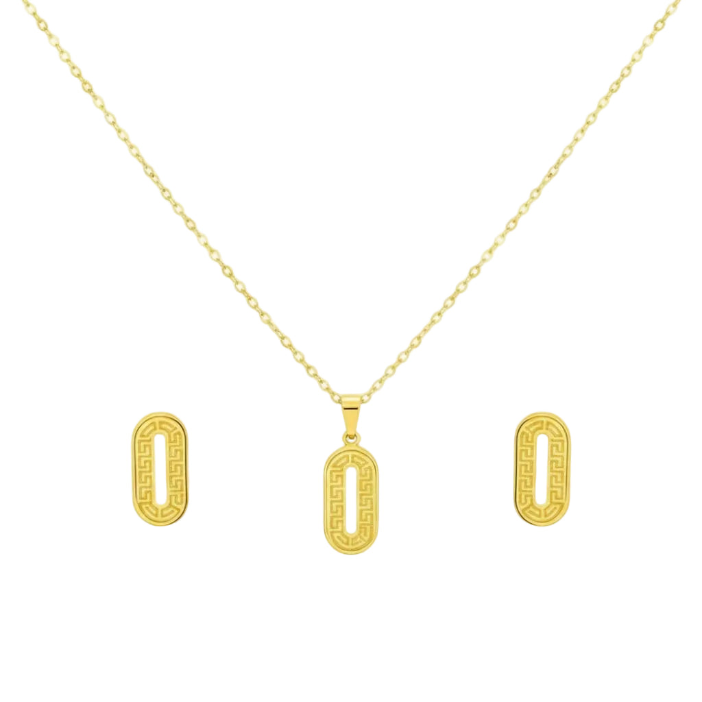 Gold necklace with matching earrings on a white background