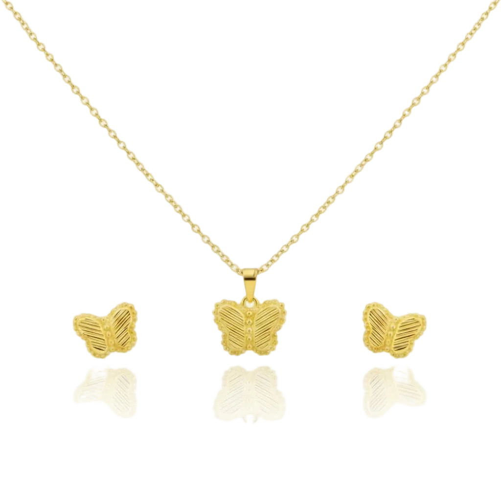 18K Real Gold Butterfly Field Necklace And Earring Set