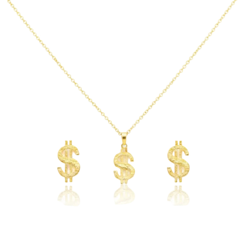 18K Real Gold Dollar Style Necklace And Earring Set