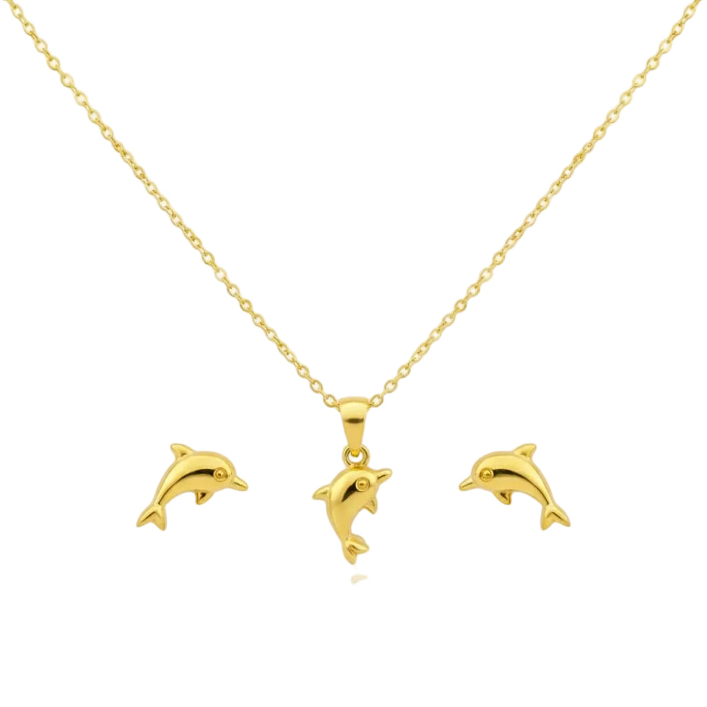 18K Real Gold Dolphine Necklace And Earring Set