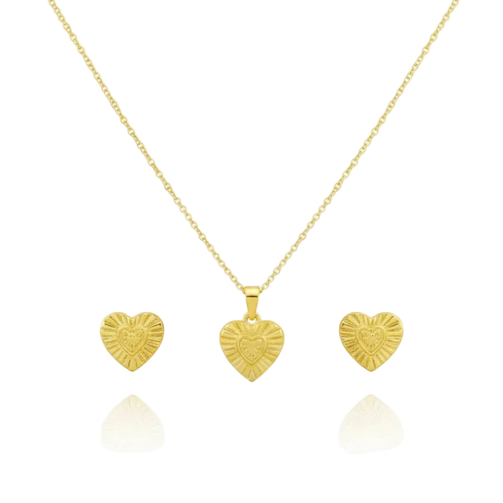 18K Real Gold Double Heart Necklace And Earring Set