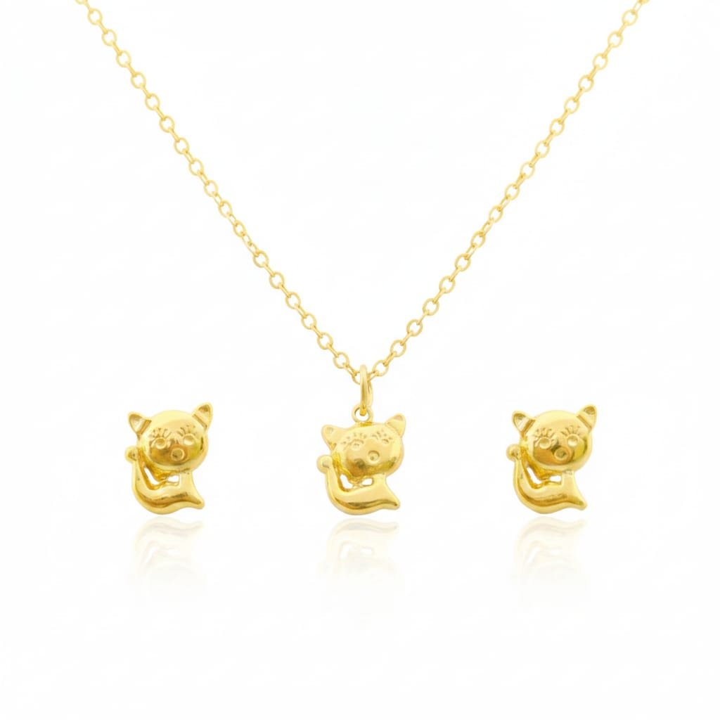 18K Real Gold Kitty Necklace And Earring Set